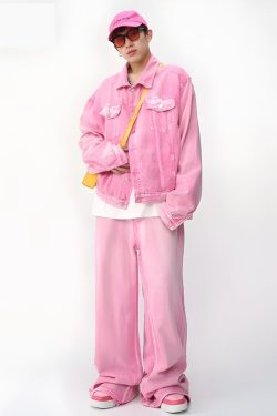 Y2K Pink Denim Jacket & Pants Two Piece Set - Retro Style 90s Fashion Outfit