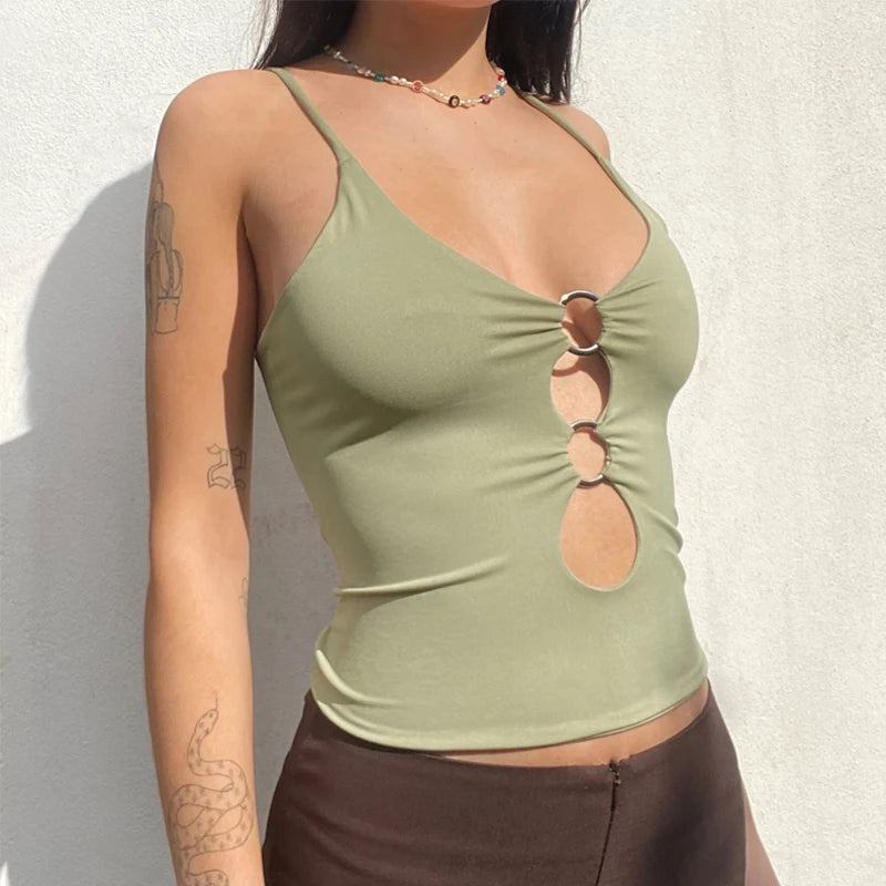 Y2K Plunge Neck O-Ring Top - Retro Style Baddie Fashion