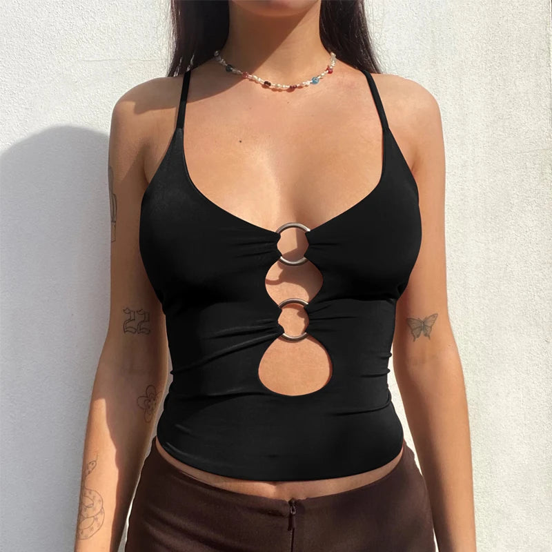 Y2K Plunge Neck O-Ring Top - Retro Style Baddie Fashion