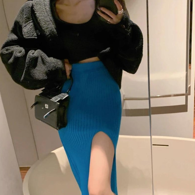 Y2K Retro Corduroy Knitted Split Midi Skirt - Perfect for 90s and Grunge Outfits
