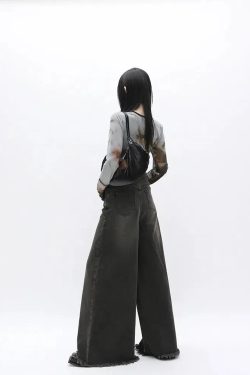 Y2K Retro Dark Wash Distressed Wide Leg Jeans - Perfect for 90s and Grunge Outfits