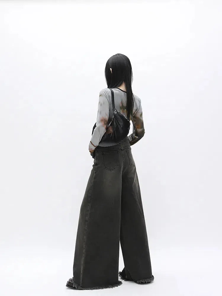 Y2K Retro Dark Wash Distressed Wide Leg Jeans - Perfect for 90s and Grunge Outfits