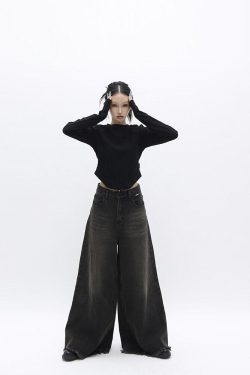 Y2K Retro Dark Wash Distressed Wide Leg Jeans - Perfect for 90s and Grunge Outfits