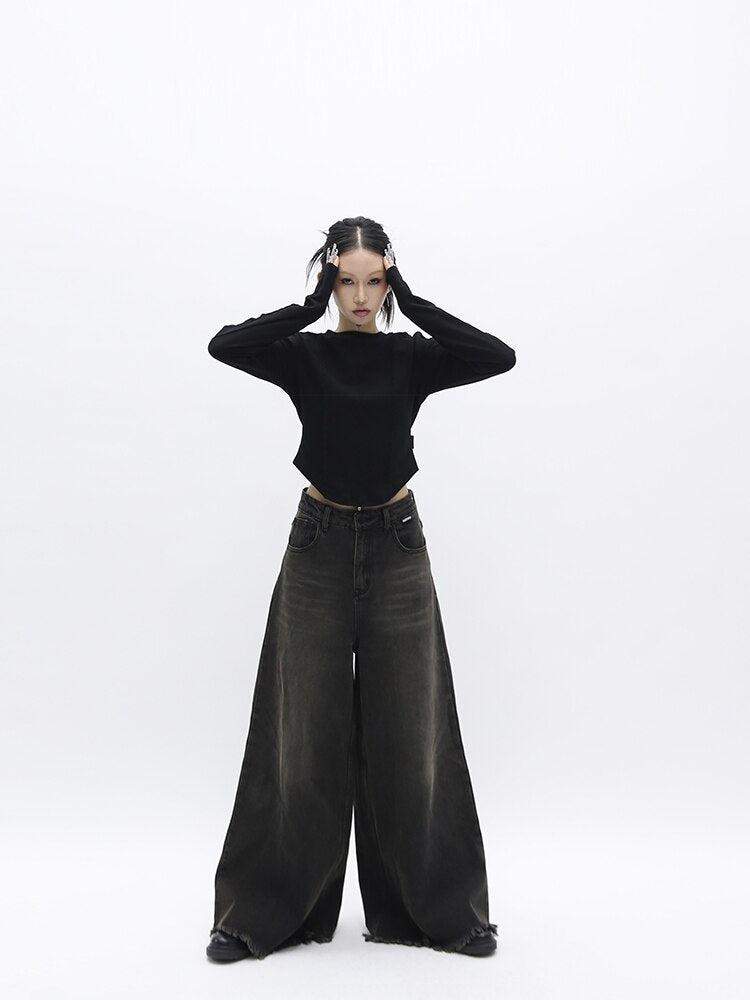 Y2K Retro Dark Wash Distressed Wide Leg Jeans - Perfect for 90s and Grunge Outfits