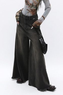 Y2K Retro Dark Wash Distressed Wide Leg Jeans - Perfect for 90s and Grunge Outfits