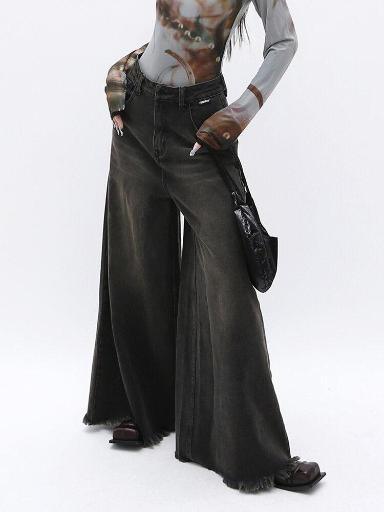 Y2K Retro Dark Wash Distressed Wide Leg Jeans - Perfect for 90s and Grunge Outfits