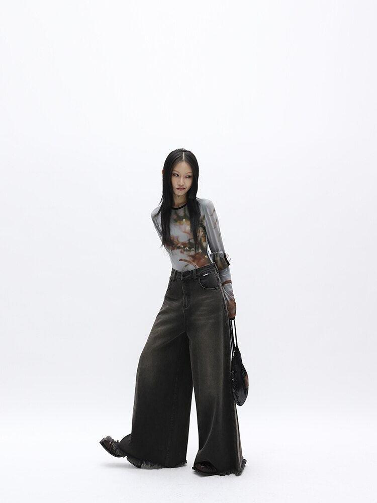 Y2K Retro Dark Wash Distressed Wide Leg Jeans - Perfect for 90s and Grunge Outfits