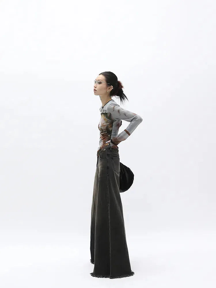 Y2K Retro Dark Wash Distressed Wide Leg Jeans - Perfect for 90s and Grunge Outfits