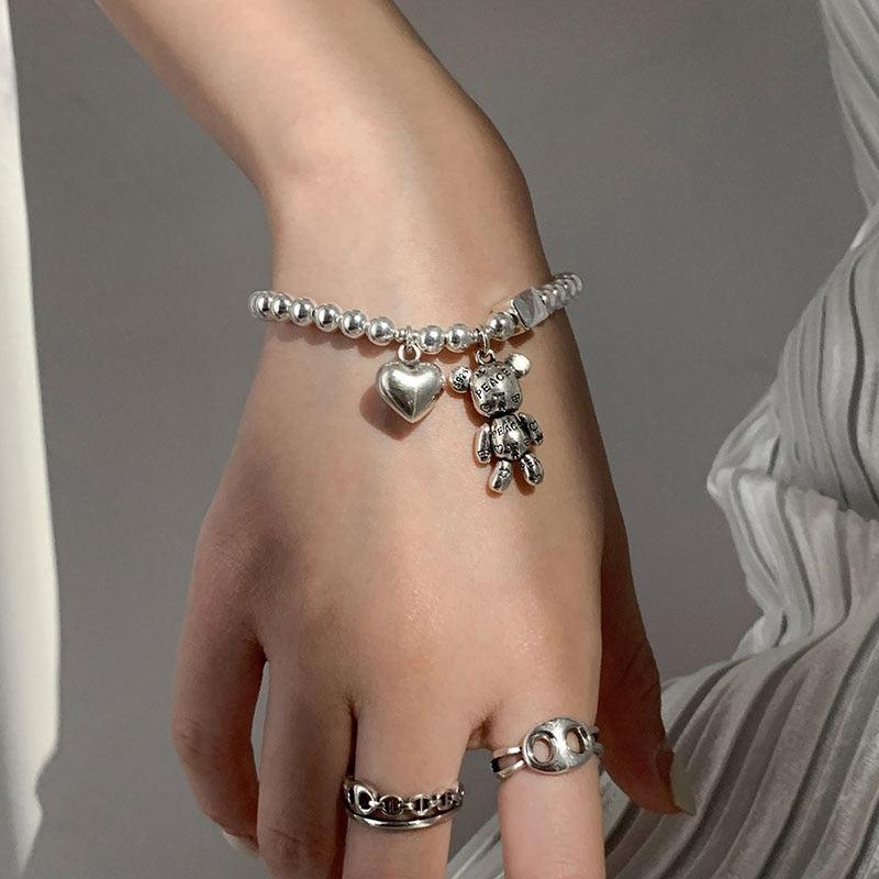 Y2K Retro Heart and Bear Charm Bracelet - Perfect for 90s and Y2K Fashionistas