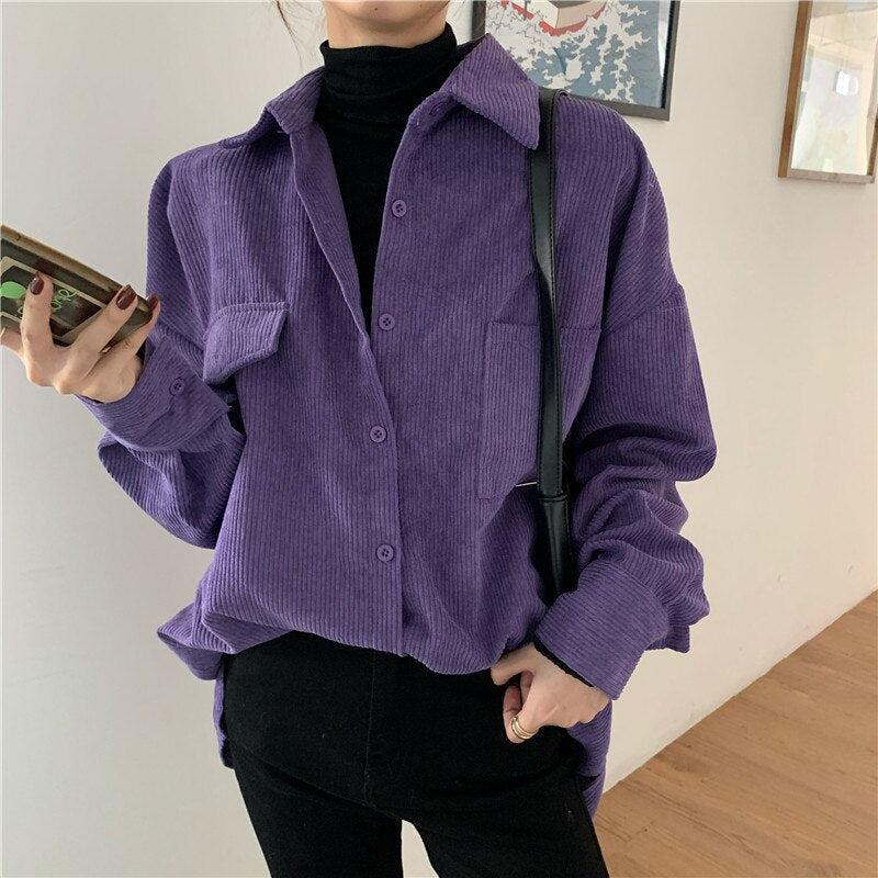 Y2K Retro Indie Purple Corduroy Casual Shirt - Perfect for 90s and Grunge Outfits