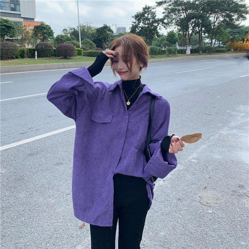 Y2K Retro Indie Purple Corduroy Casual Shirt - Perfect for 90s and Grunge Outfits