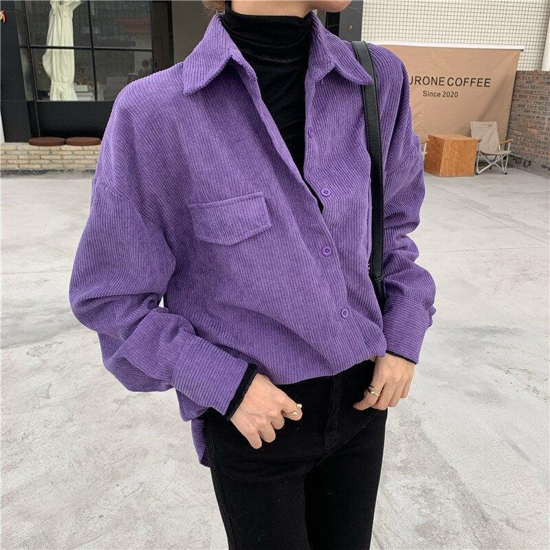 Y2K Retro Indie Purple Corduroy Casual Shirt - Perfect for 90s and Grunge Outfits