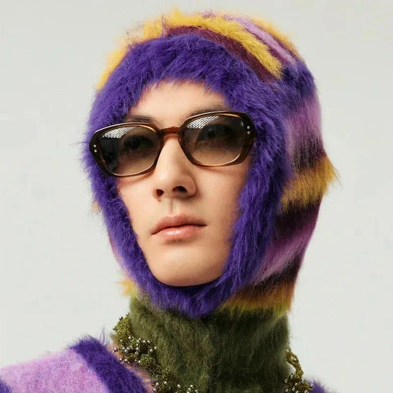 Y2K Retro Indie Striped Fluffy Balaclava - Perfect for 90s and Grunge Outfits