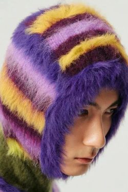 Y2K Retro Indie Striped Fluffy Balaclava - Perfect for 90s and Grunge Outfits