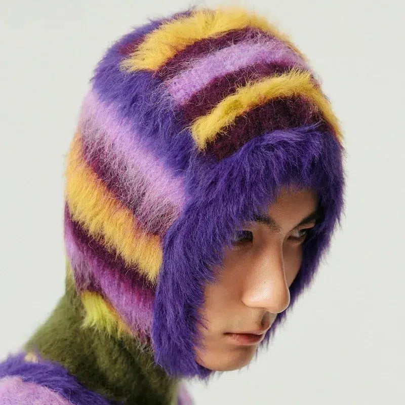 Y2K Retro Indie Striped Fluffy Balaclava - Perfect for 90s and Grunge Outfits