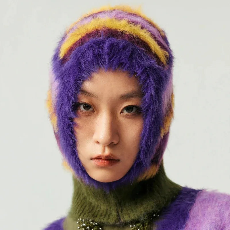 Y2K Retro Indie Striped Fluffy Balaclava - Perfect for 90s and Grunge Outfits
