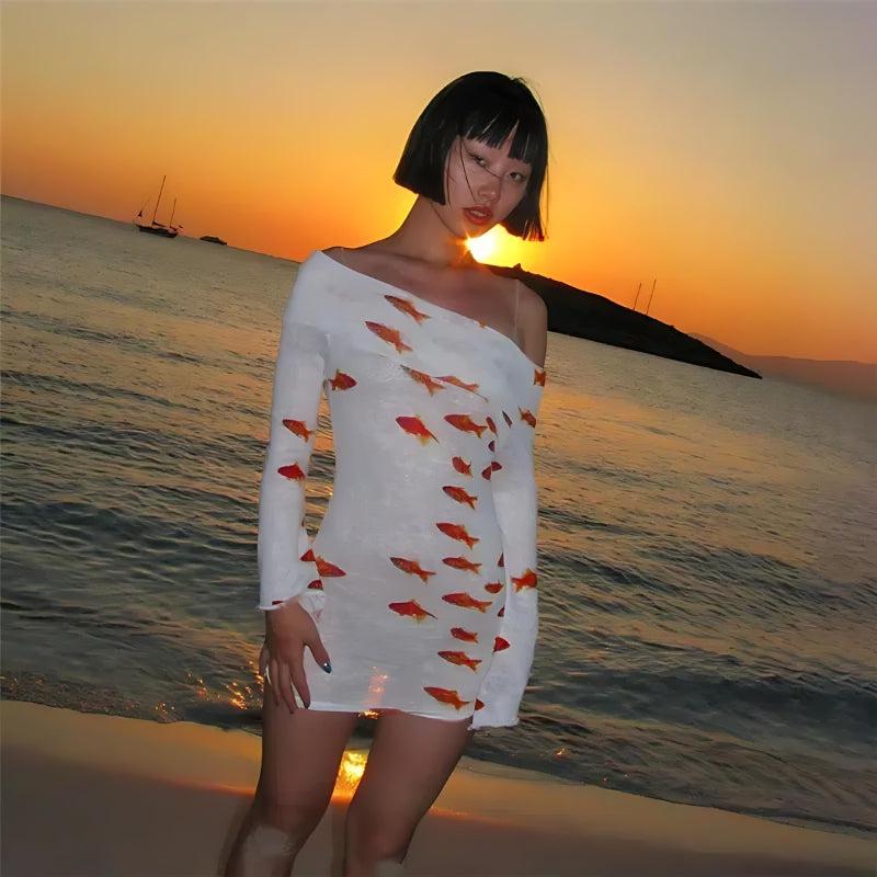 Y2K Retro Koi Fish Printed Mesh Mini Dress - Perfect for 90s and Grunge Outfits