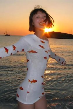 Y2K Retro Koi Fish Printed Mesh Mini Dress - Perfect for 90s and Grunge Outfits