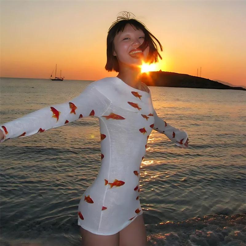 Y2K Retro Koi Fish Printed Mesh Mini Dress - Perfect for 90s and Grunge Outfits