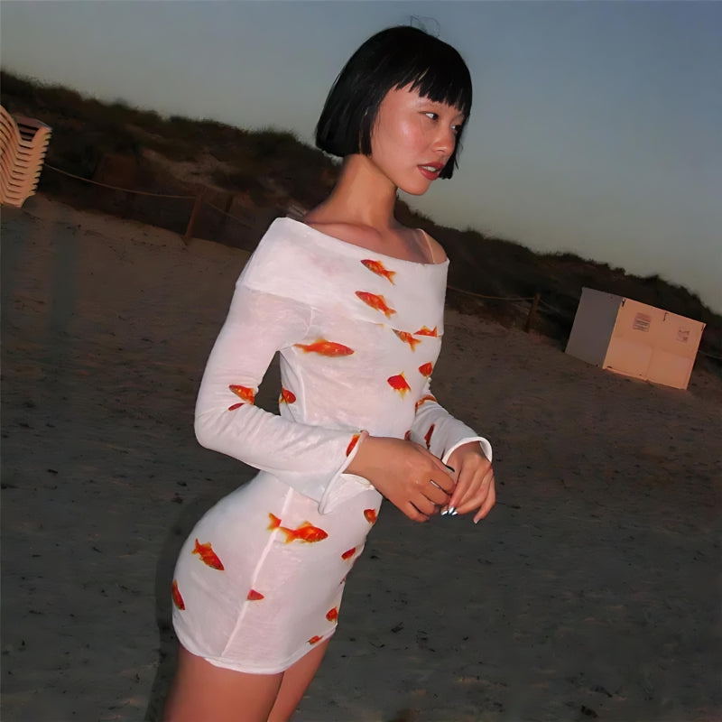 Y2K Retro Koi Fish Printed Mesh Mini Dress - Perfect for 90s and Grunge Outfits