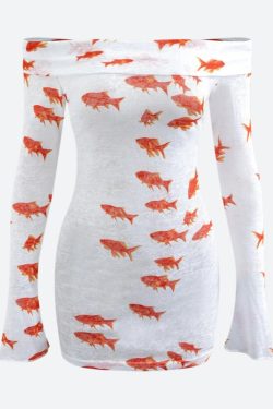 Y2K Retro Koi Fish Printed Mesh Mini Dress - Perfect for 90s and Grunge Outfits