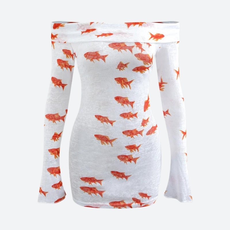 Y2K Retro Koi Fish Printed Mesh Mini Dress - Perfect for 90s and Grunge Outfits