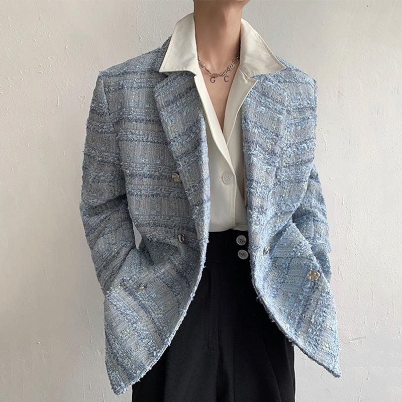 Y2K Retro Lapel Collar Blue Tweed Blazer - Perfect for 90s and Grunge Outfits