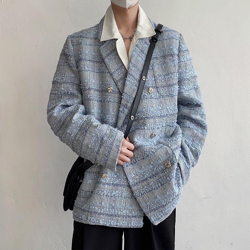 Y2K Retro Lapel Collar Blue Tweed Blazer - Perfect for 90s and Grunge Outfits
