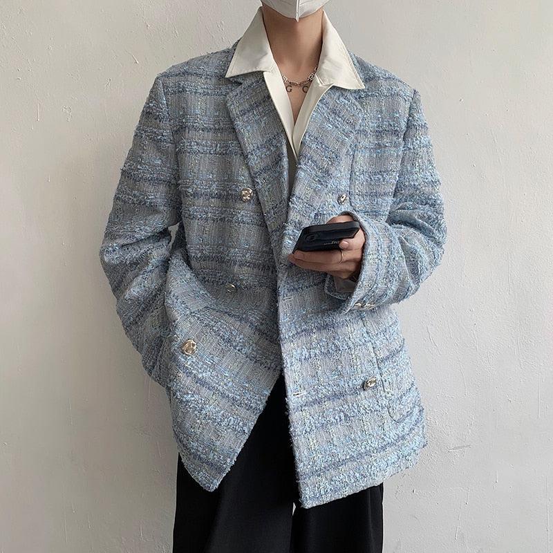 Y2K Retro Lapel Collar Blue Tweed Blazer - Perfect for 90s and Grunge Outfits