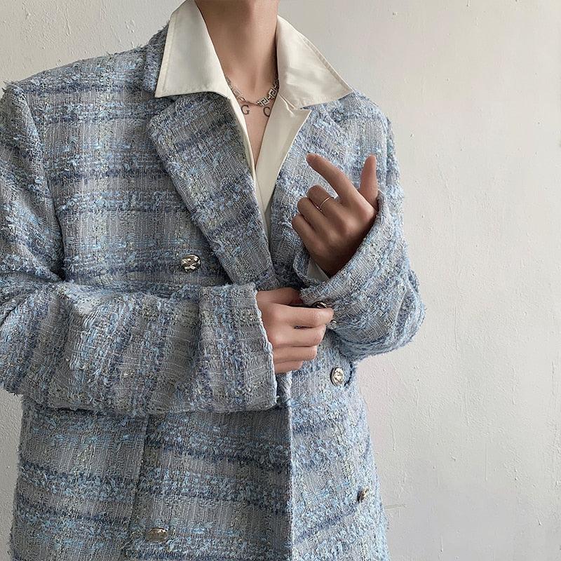 Y2K Retro Lapel Collar Blue Tweed Blazer - Perfect for 90s and Grunge Outfits