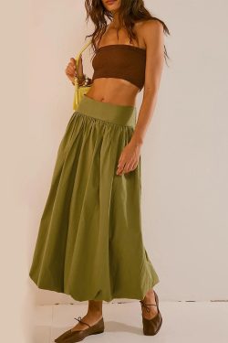 Y2K Retro Ruched Bubble Hem Midi Skirt - Perfect for 90s and Grunge Outfits
