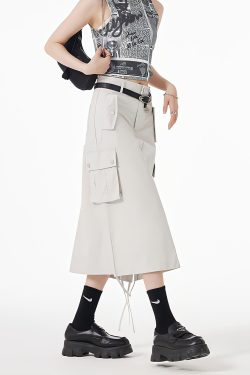 Y2K Retro Slit & String Detailed Cargo Midi Skirt - Perfect for 90s Grunge Outfits