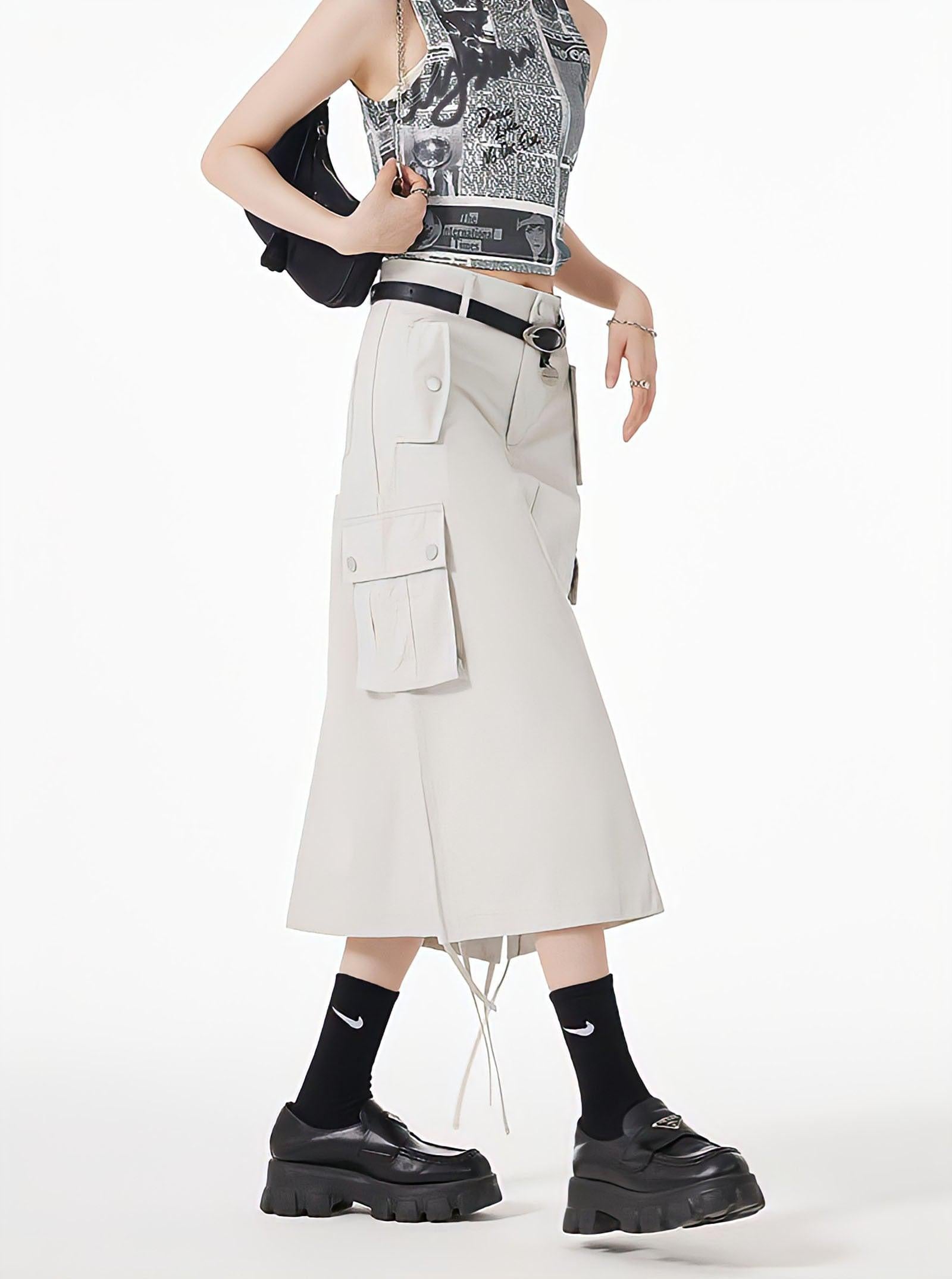 Y2K Retro Slit & String Detailed Cargo Midi Skirt - Perfect for 90s Grunge Outfits