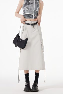 Y2K Retro Slit & String Detailed Cargo Midi Skirt - Perfect for 90s Grunge Outfits