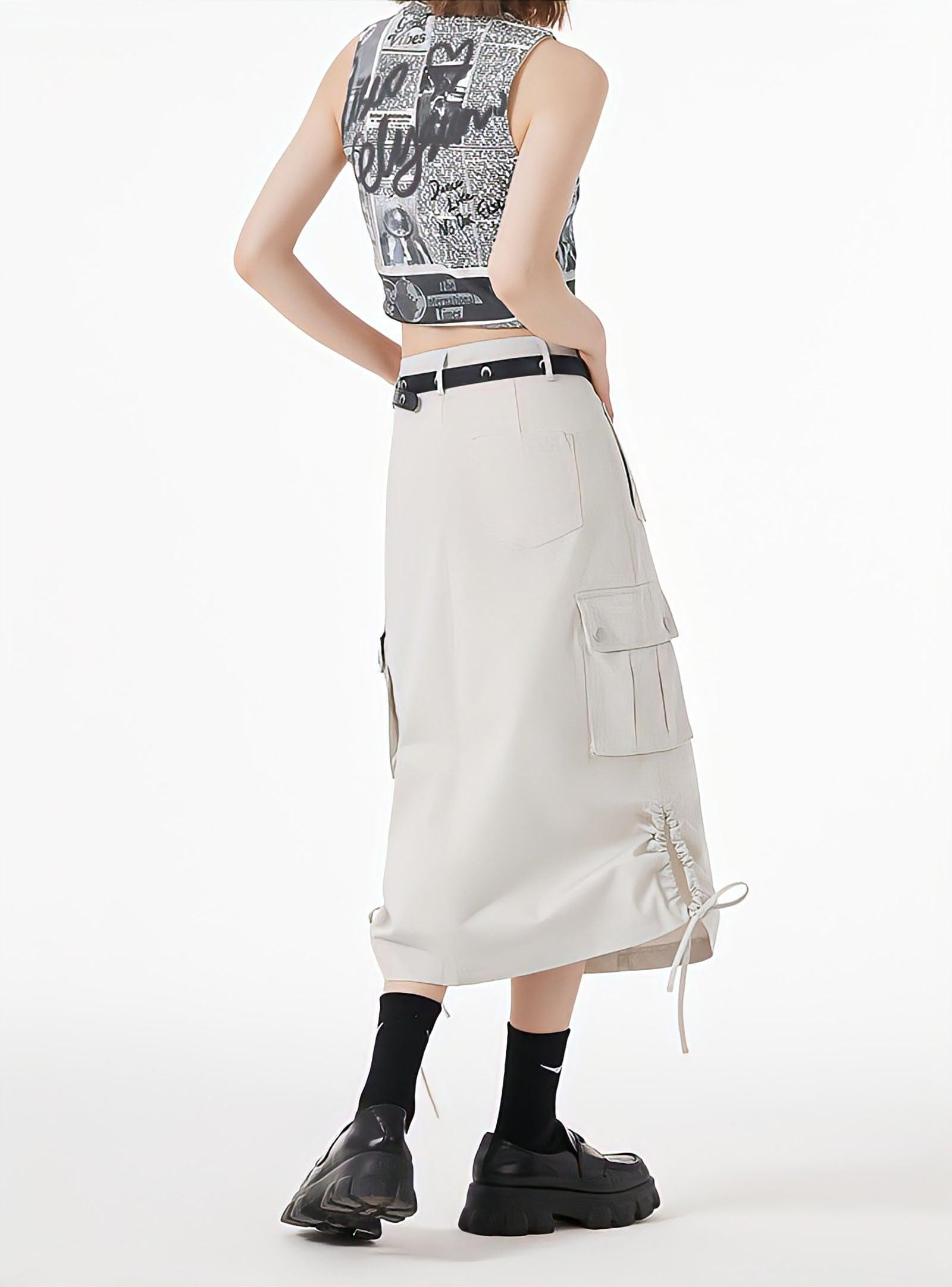 Y2K Retro Slit & String Detailed Cargo Midi Skirt - Perfect for 90s Grunge Outfits