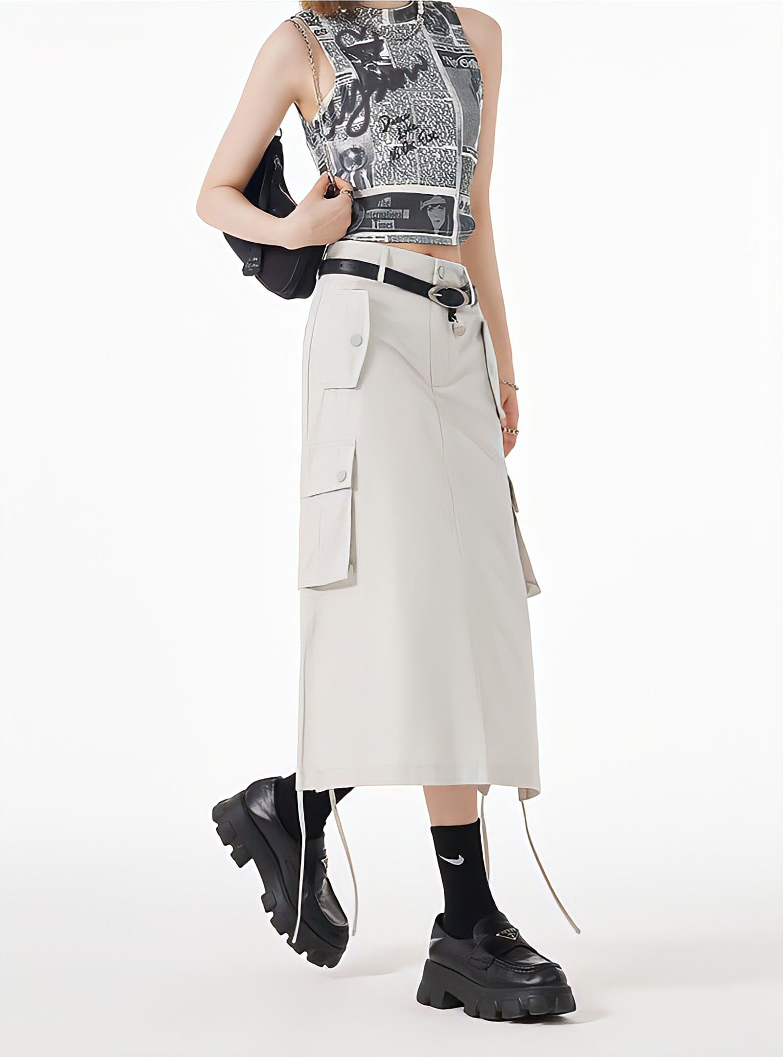 Y2K Retro Slit & String Detailed Cargo Midi Skirt - Perfect for 90s Grunge Outfits