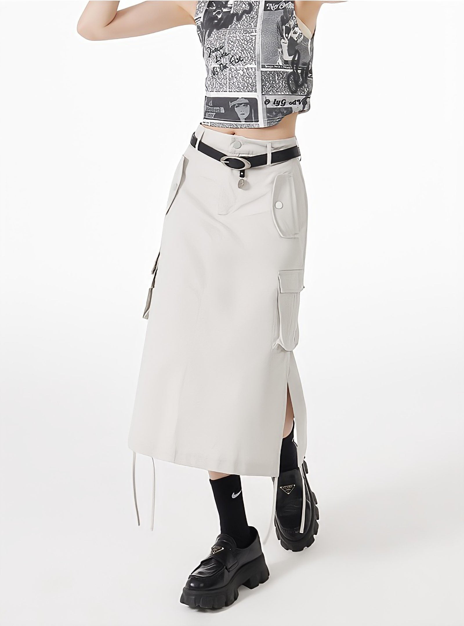 Y2K Retro Slit & String Detailed Cargo Midi Skirt - Perfect for 90s Grunge Outfits