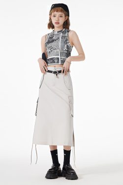 Y2K Retro Slit & String Detailed Cargo Midi Skirt - Perfect for 90s Grunge Outfits