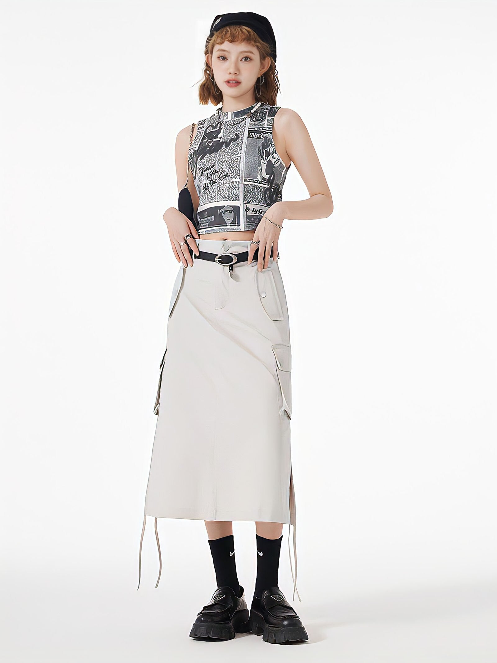 Y2K Retro Slit & String Detailed Cargo Midi Skirt - Perfect for 90s Grunge Outfits