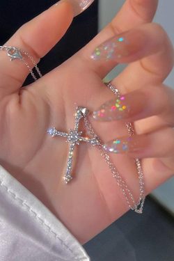 Y2K Retro Sparkle Cross Necklace - Perfect for 90s and Y2K Fashion Outfits