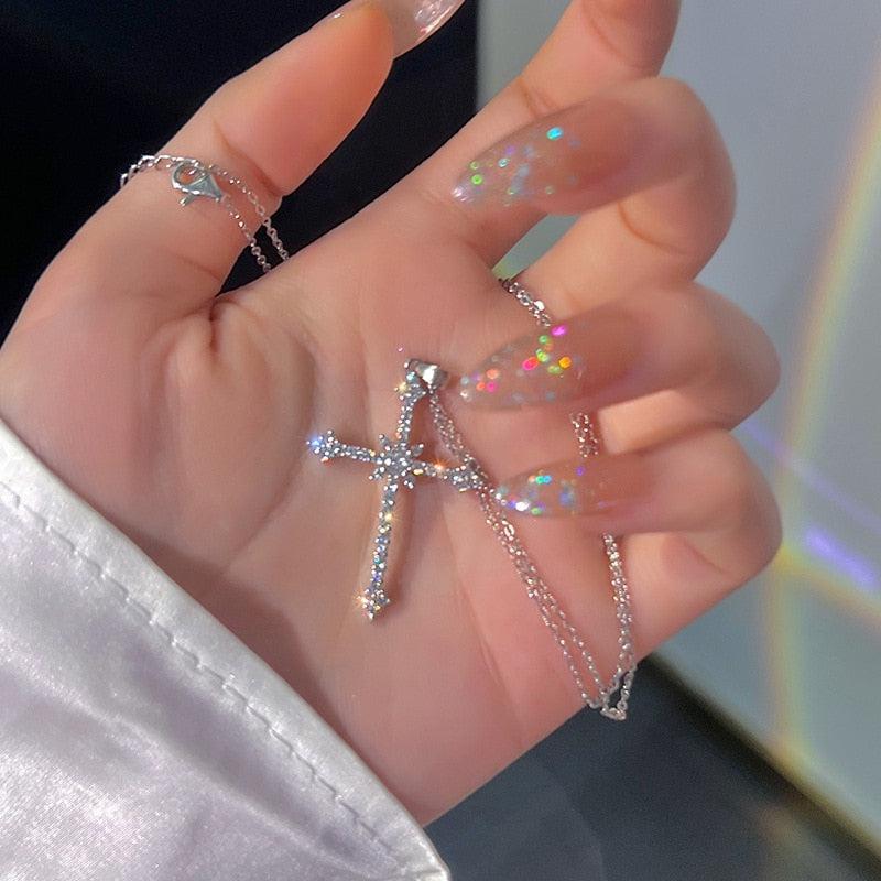 Y2K Retro Sparkle Cross Necklace - Perfect for 90s and Y2K Fashion Outfits