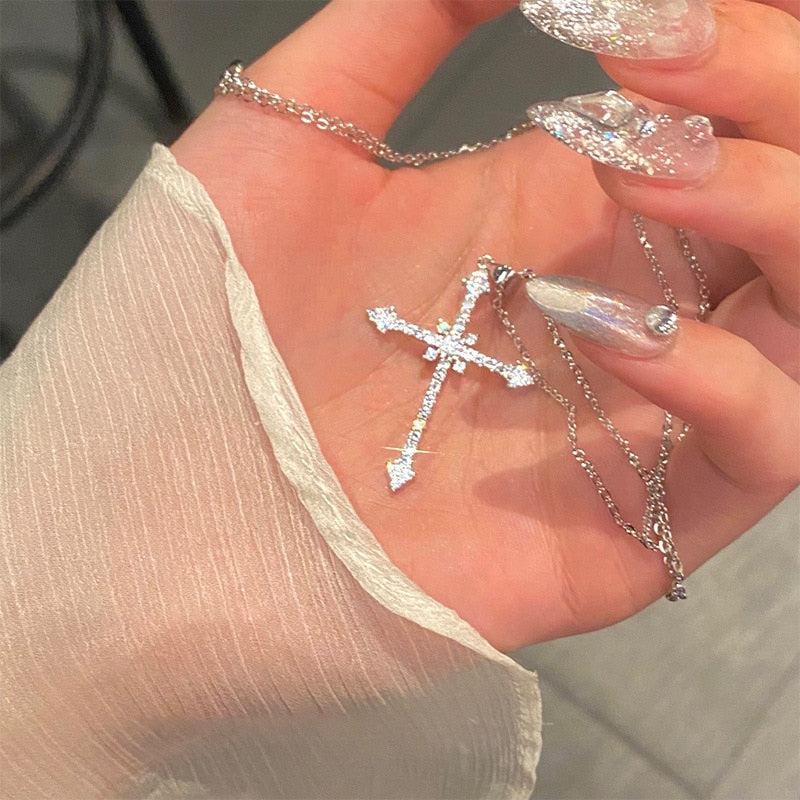 Y2K Retro Sparkle Cross Necklace - Perfect for 90s and Y2K Fashion Outfits