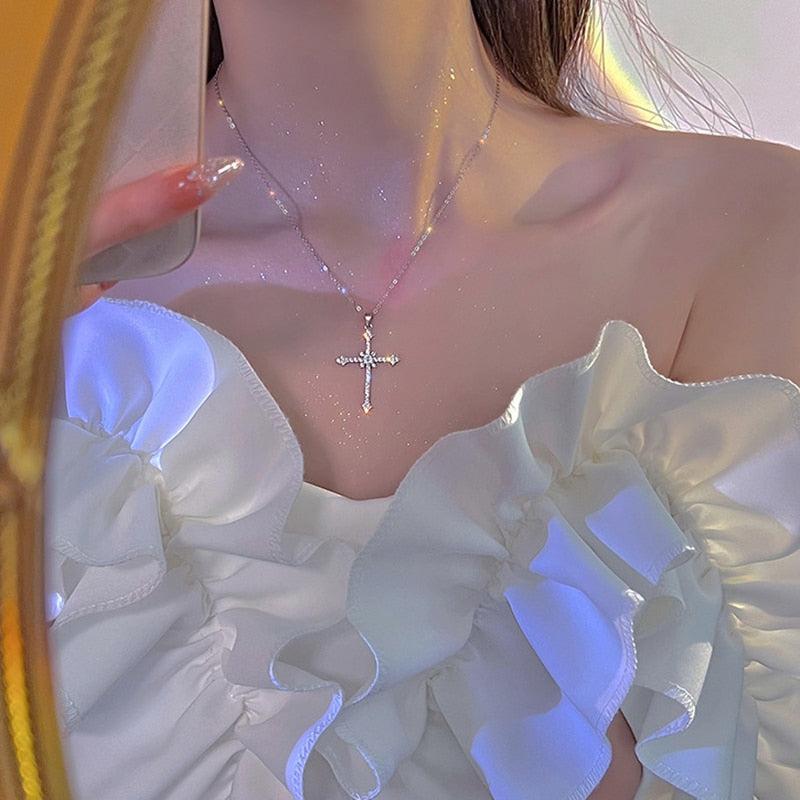 Y2K Retro Sparkle Cross Necklace - Perfect for 90s and Y2K Fashion Outfits