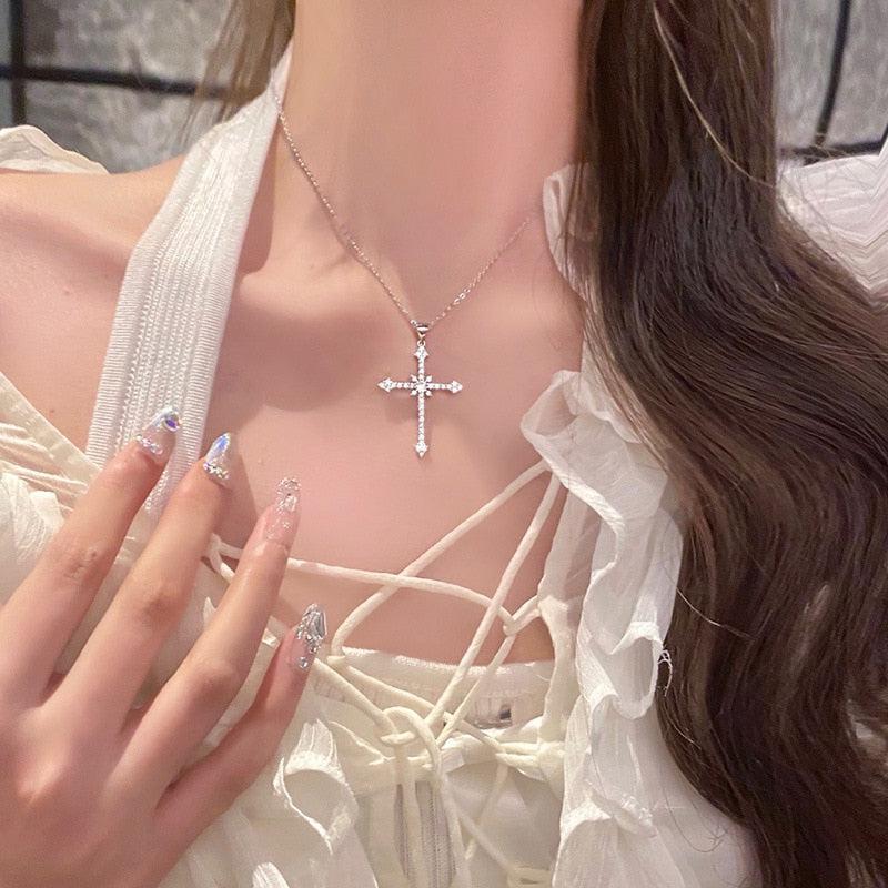 Y2K Retro Sparkle Cross Necklace - Perfect for 90s and Y2K Fashion Outfits