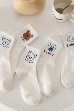 Y2K Retro Style Cute Kawaii Patterned Socks - 5 Pairs for Trendy 90s and Y2K Outfits