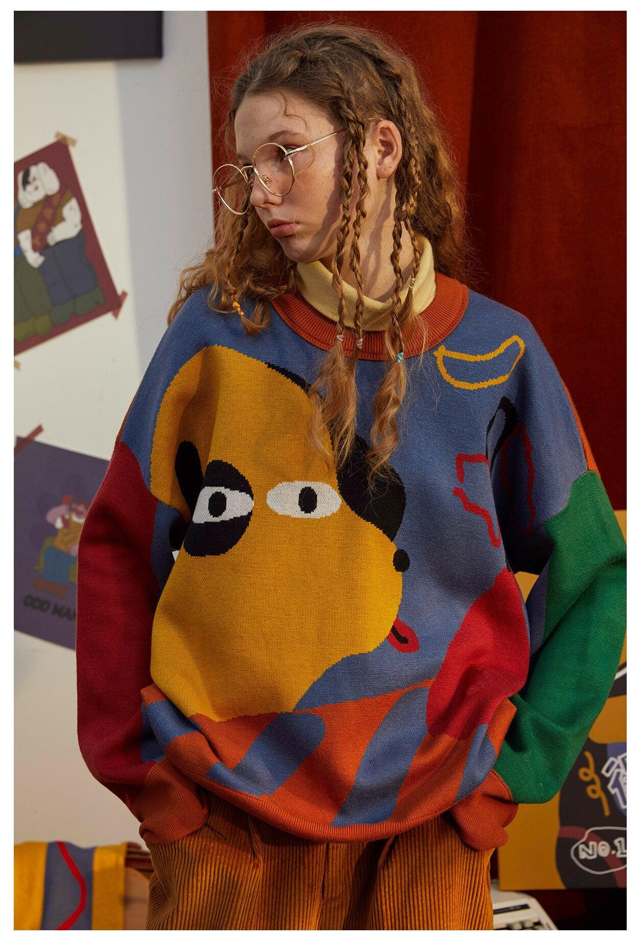 Y2K Retro Weirdcore Dog Sweater - 90s Grunge Style for Unique Fashion Statements