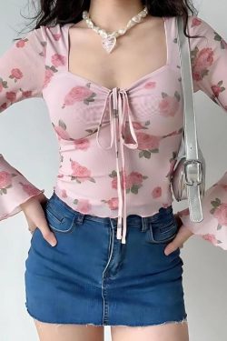 Y2K Rose Garden Mesh Top - Soft Girl Retro Style 90s Fashion