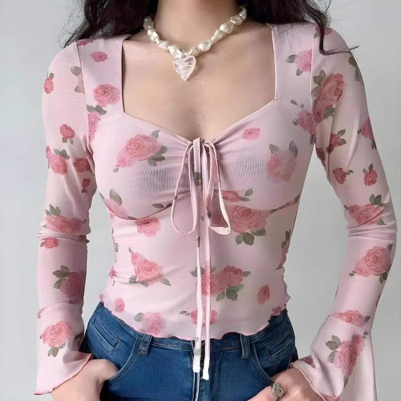 Y2K Rose Garden Mesh Top - Soft Girl Retro Style 90s Fashion
