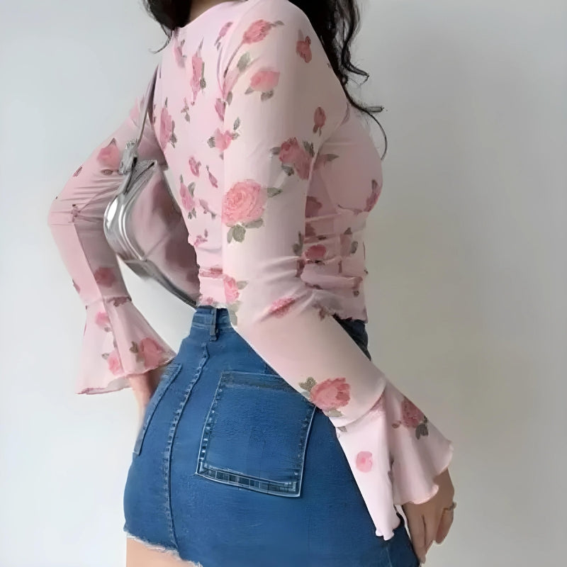 Y2K Rose Garden Mesh Top - Soft Girl Retro Style 90s Fashion