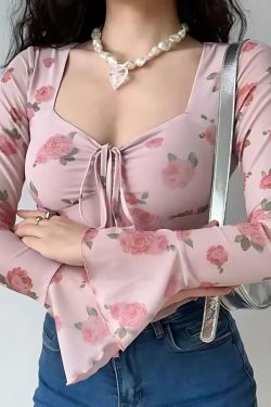 Y2K Rose Garden Mesh Top - Soft Girl Retro Style 90s Fashion